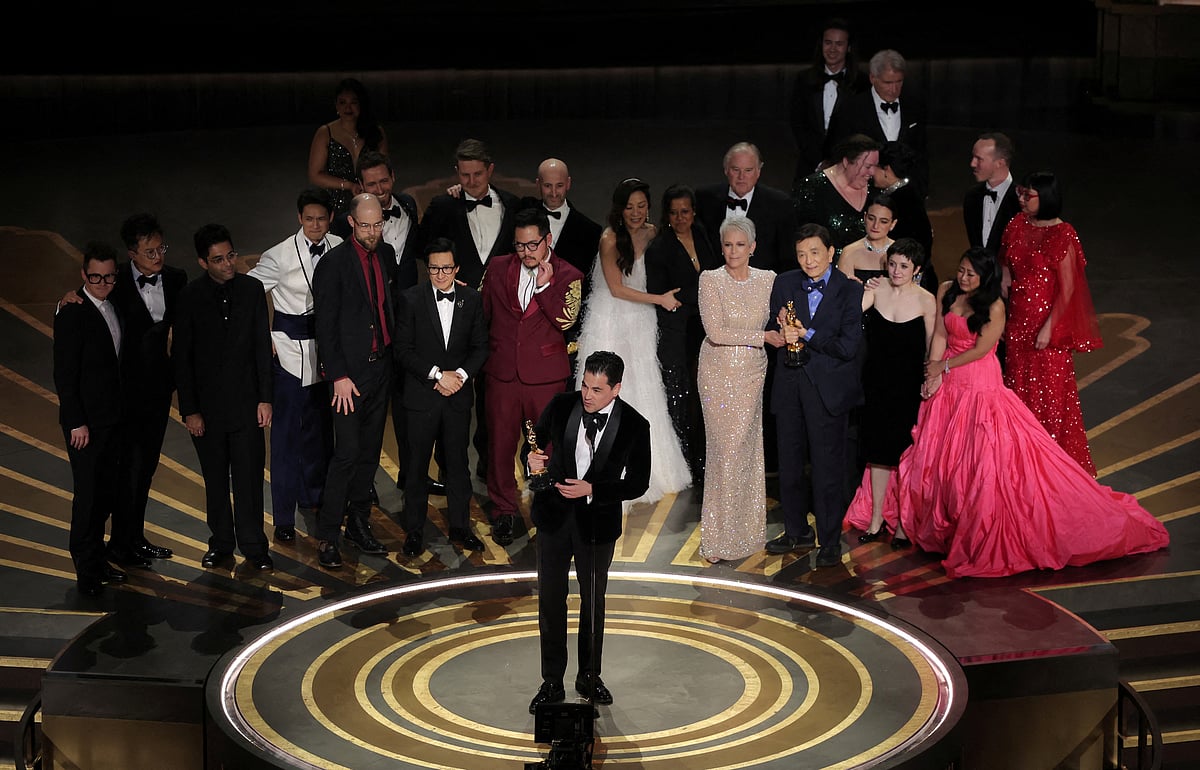 Daniel Kwan, Daniel Scheinert and Jonathan Wang win the Oscar for Best Picture for 'Everything Everywhere All at Once' during the Oscars show at the 95th Academy Awards in Hollywood, Los Angeles, California, US, 12 March, 2023.