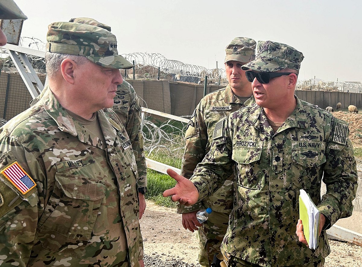 U.S. Joint Chiefs Chair Army General Mark Milley speaks with US forces in Syria during an unannounced visit, at a US military base in Northeast Syria, March 4, 2023
