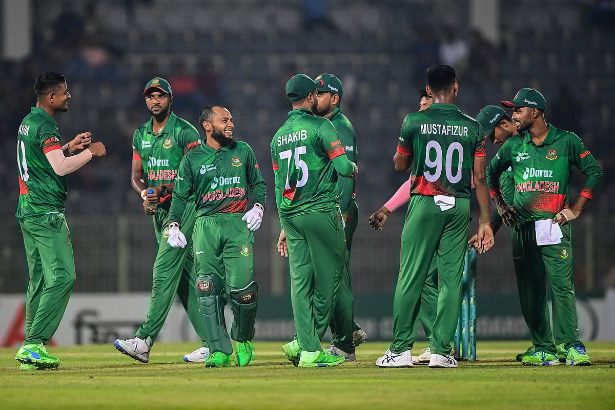 Bangladesh's players celebrates after the dismissal of Ireland's Curtis Campher during the ODI cricket match at the Sylhet International Cricket Stadium in Sylhet on 18 March, 2023