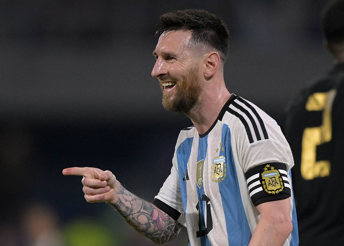 Argentina's forward Lionel Messi celebrates scoring against Curacao during the friendly football match between Argentina and Curacao at the Madre de Ciudades stadium in Santiago del Estero in Argentina, on 28 March 2023