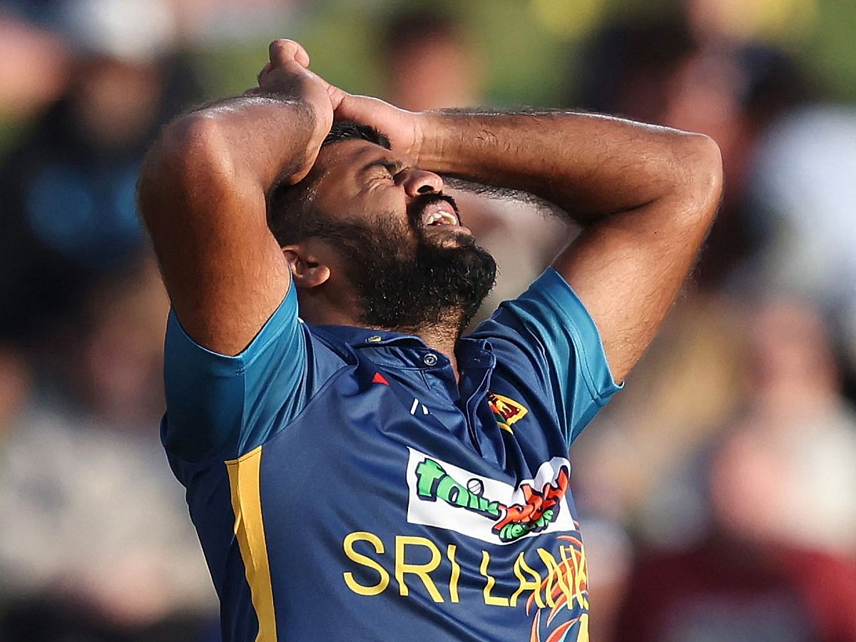 Sri Lanka’s Lahiru Kumara reacts during the third ODI between New Zealand and Sri Lanka at Seddon Park in Hamilton on 31 March 2023
