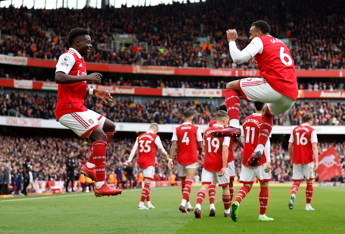 Arsenal's Bukayo Saka and Gabriel celebrate their second goal against Crystal Palace