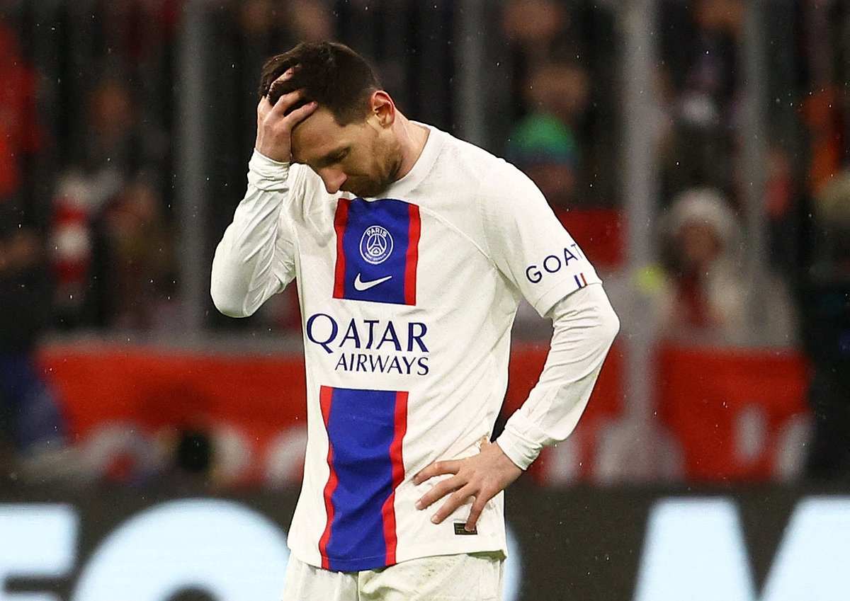 Paris St Germain's Lionel Messi reacts after the Champions League last 16 match against Bayern Munich on 8 March, 2023