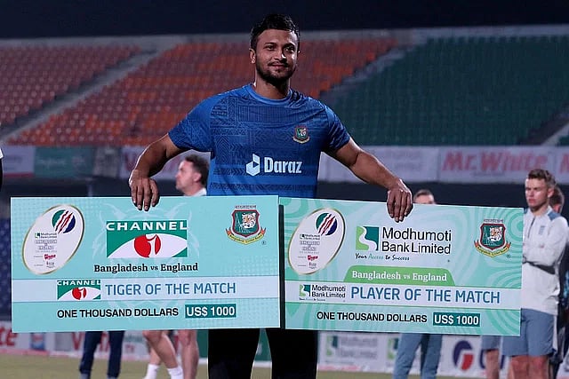 Shakib Al Hasan was named the player of the match in Bangladesh's third ODI against England at the Zahur Ahmed Chowdhury Stadium in Chattogram on 6 March 2023