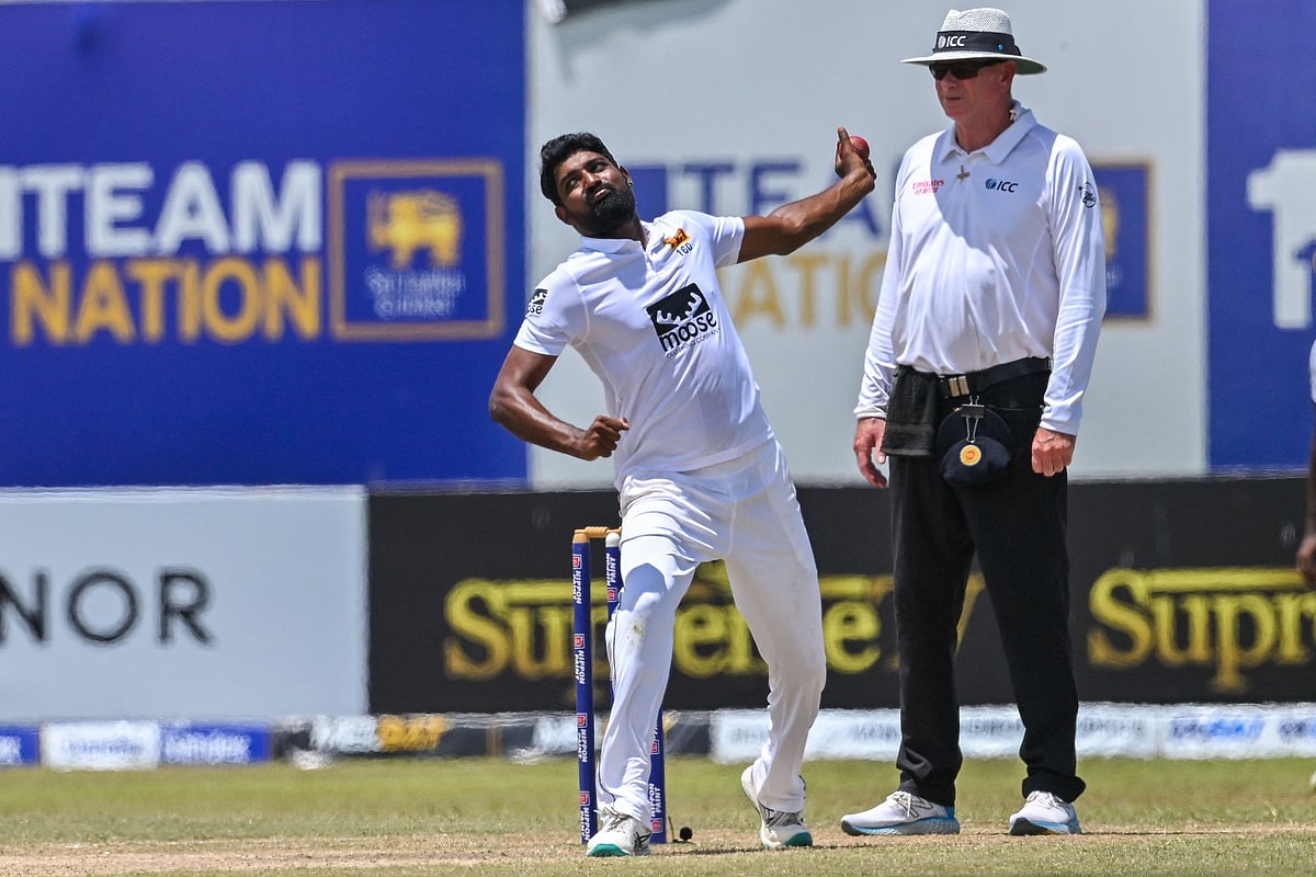 Sri Lanka's Prabath Jayasuriya bowls during the fifth day of the second and final Test between Sri Lanka and Ireland at the Galle International Cricket Stadium in Galle on 28 April 2023