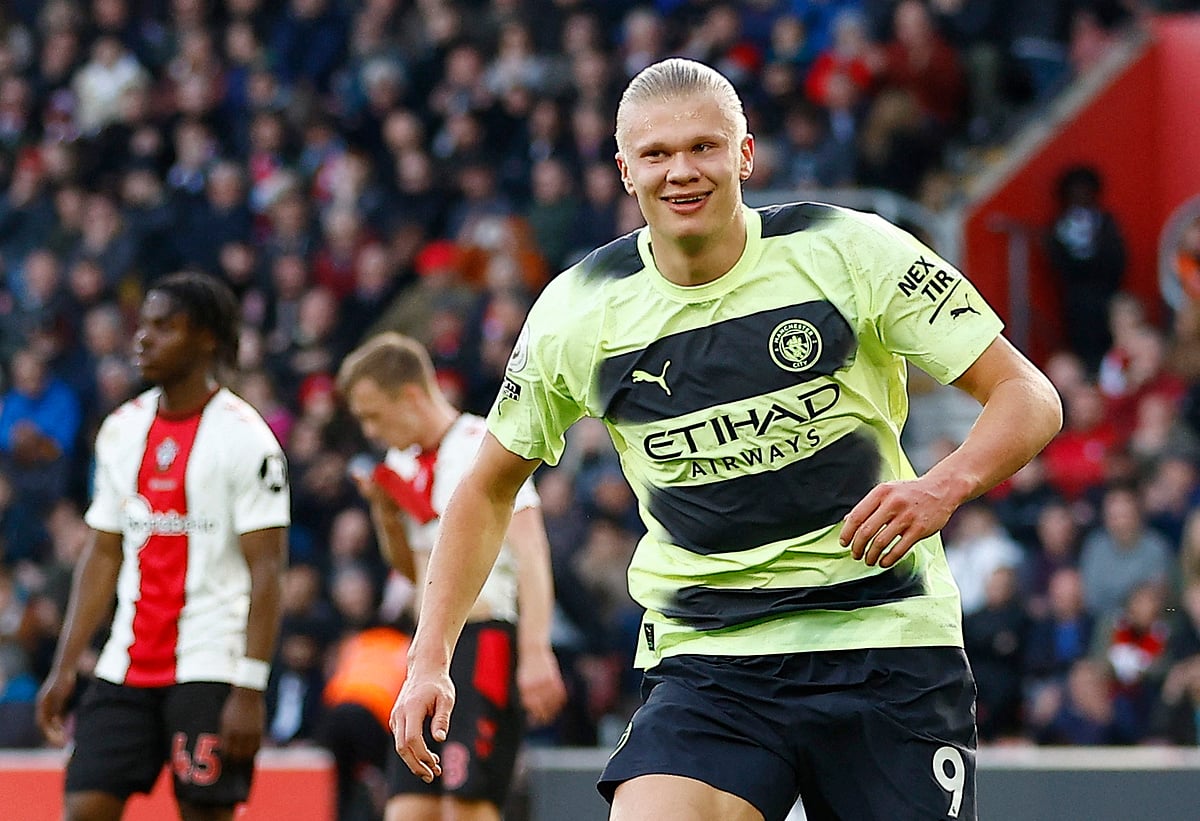 Manchester City's Erling Haaland celebrates scoring their third goal in their English Premier League match against Southampton at the St Mary's Stadium in Southampton, England on 8 April 2023