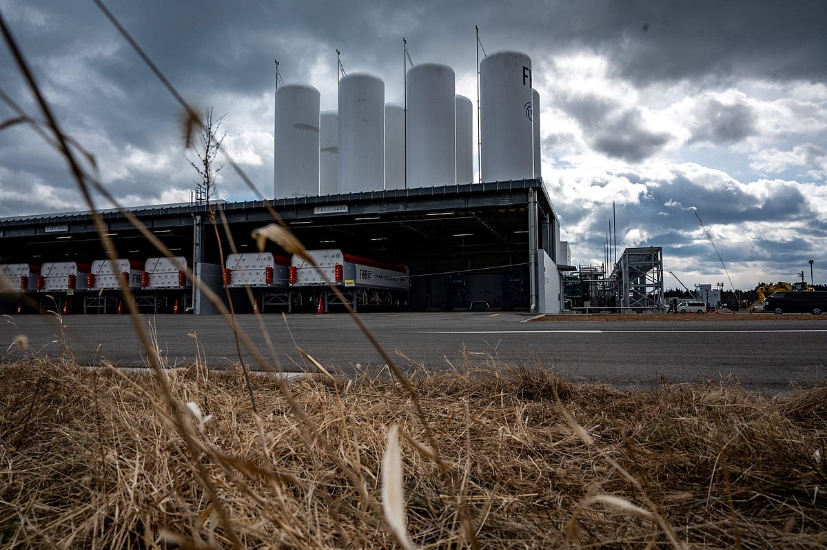 This file photo taken on February 03, 2022 shows a section of the hydrogen storage and supply facilities at the "Fukushima Hydrogen Energy Research Field" (FH2R) in the town of Namie in Fukushima prefecture, just north of the Fukushima Daiichi nuclear power plant located a few kilometres away along the Pacific coast in Fukushima prefecture