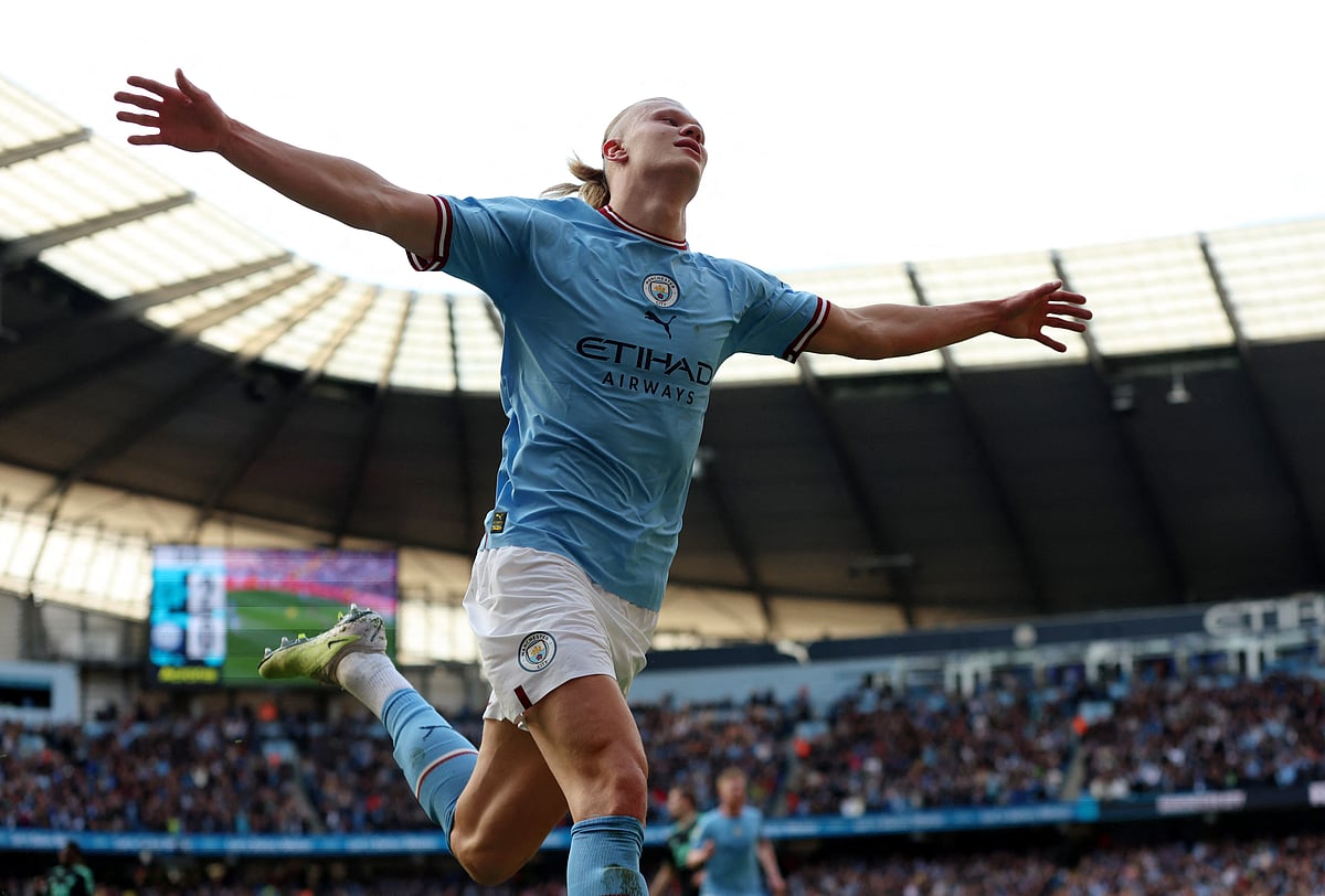 Manchester City's Erling Braut Haaland celebrates scoring their third goal