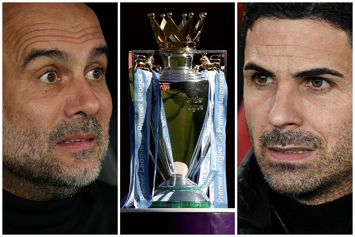 A combination picture shows Manchester City manager Pep Guardiola, Arsenal manager Mikel Arteta and the English Premier League trophy ahead of Wednesday's crunch clash
