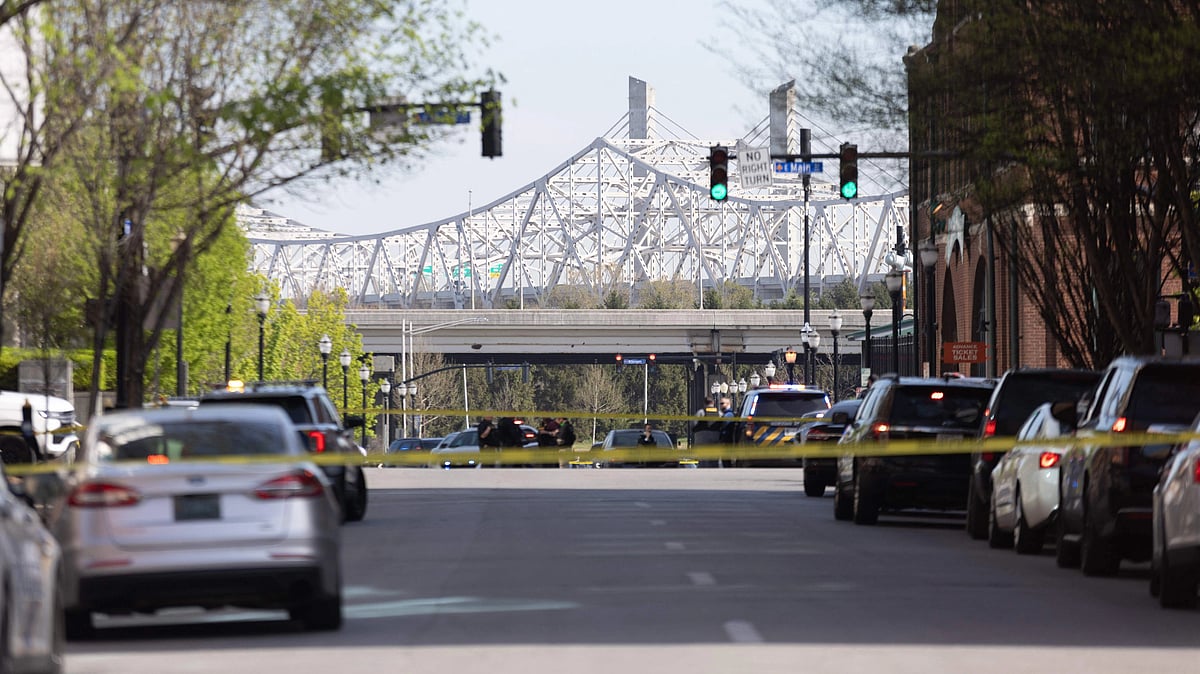 Picture shows the area where a shooting took place in downtown Louisville, Kentucky, on 10 April 2022 leaving five killed and at least six hospitalized, according to police.