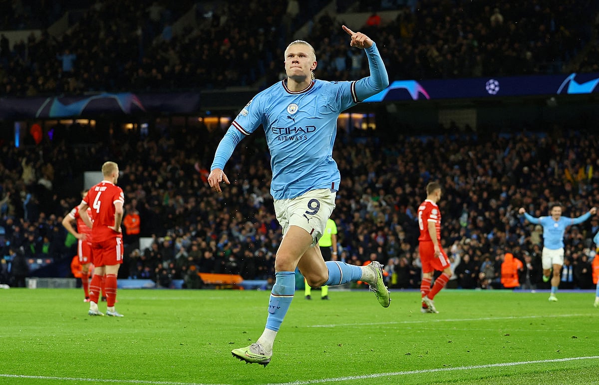 Manchester City's Erling Braut Haaland celebrates scoring their third goal against Bayern Munich
