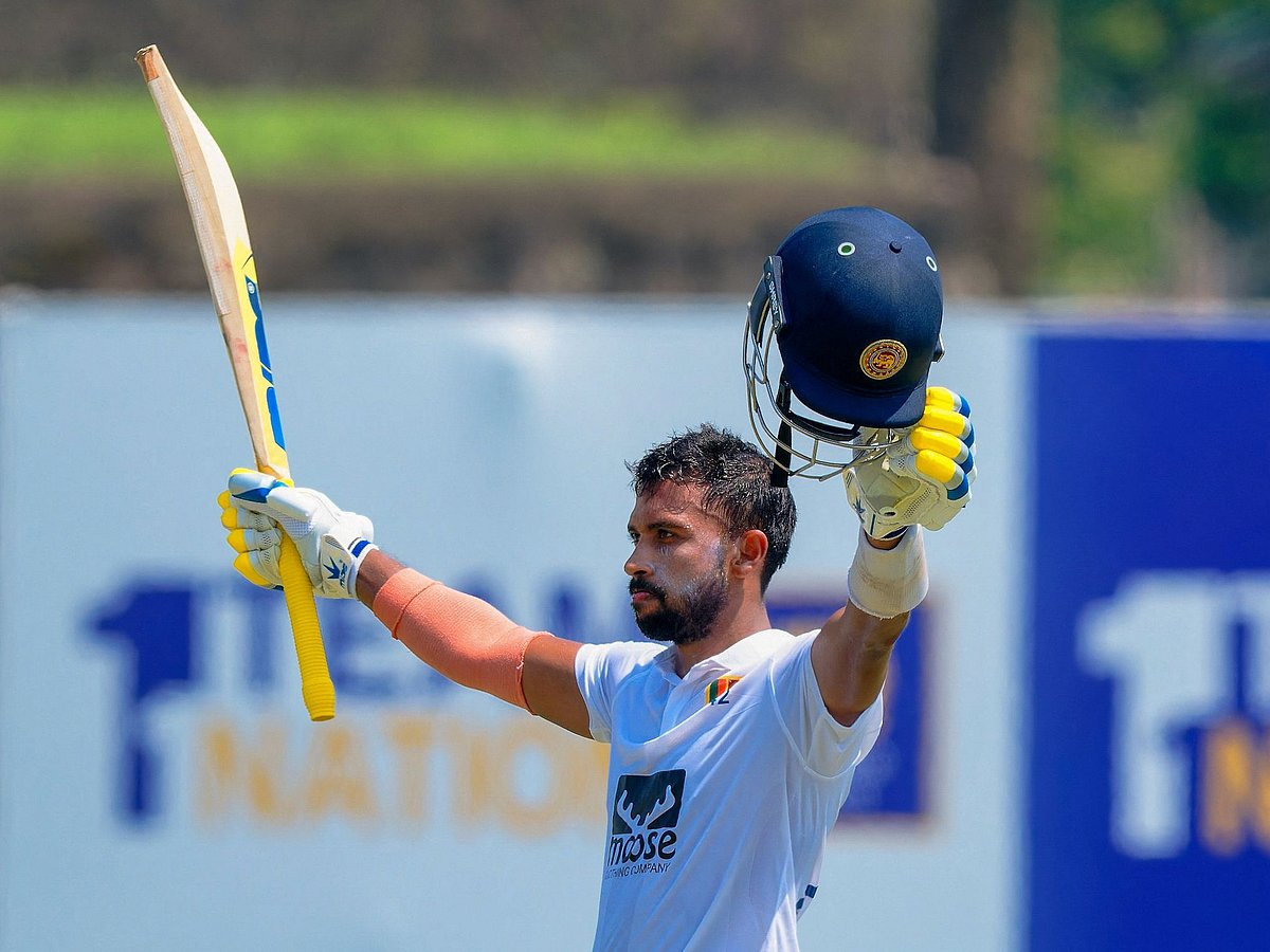 Sri Lanka's Sadeera Samarawickrama celebrates after scoring a century during the 2nd day of the first Test between Sri Lanka and Ireland at the Galle International Cricket Stadium in Galle on 17 April 2023