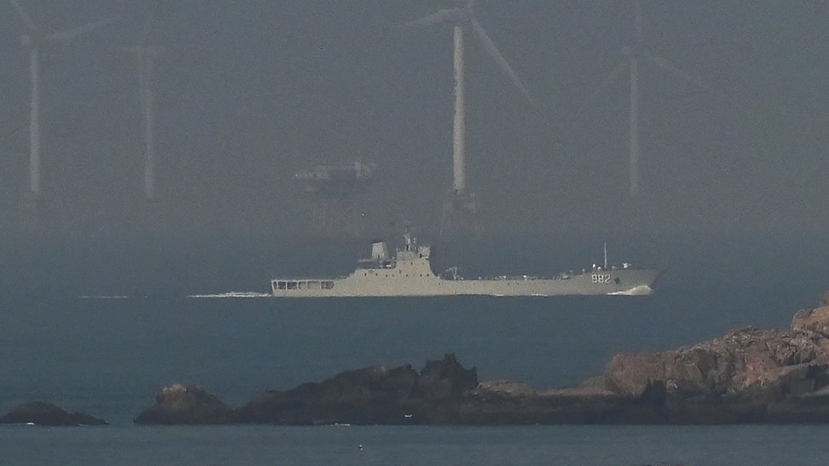 A PLA Navy landing ship sails towards the zone where China said it would conduct live fire exercises northeast of Pingtan island, the closest point in China to Taiwan, in China’s southeast Fujian province on 10 April, 2023
