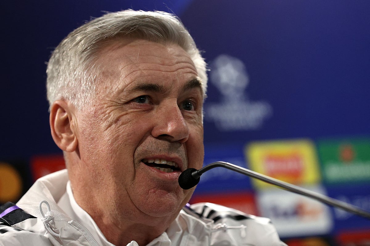 Real Madrid's Italian coach Carlo Ancelotti attends a press conference at Stamford Bridge in London on 17 April 2023, on the eve of their UEFA Champions League quarter-final second-leg match against Chelsea