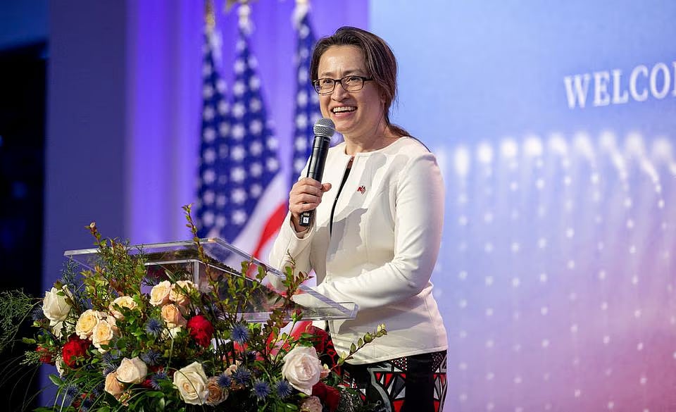 Hsiao Bi-khim, Taiwan's top representative in US, speaks during an event with Taiwan's President Tsai Ing-wen and members of the Taiwanese community, in New York, US, in this handout picture released on 30 March, 2023.