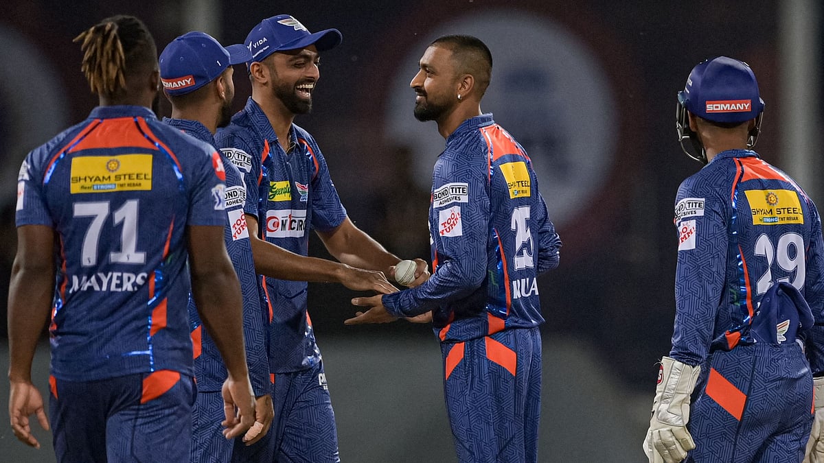 Lucknow Super Giants' players celebrates after the dismissal of Sunrisers Hyderabad's Aiden Markram during the Indian Premier League match between Lucknow Super Giants and Sunrisers Hyderabad at the Ekana Cricket Stadium in Lucknow on 7 April 2023