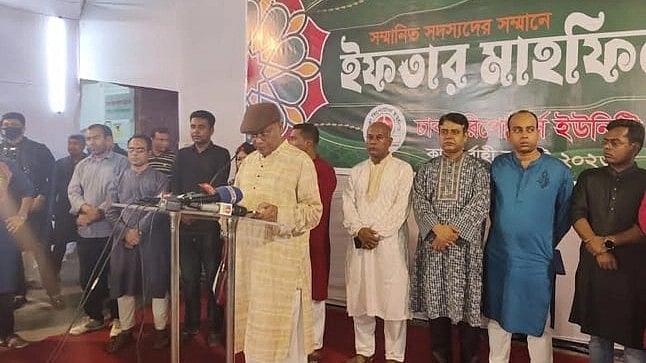 Information and Broadcasting Minister Hasan Mahmud, also joint general secretary of ruling Awami League, addresses as the chief guest at an Iftar Mahfil of Dhaka Reporters’ Unity at DRU premises in Segunbagicha, Dhaka, on 1 March 2023