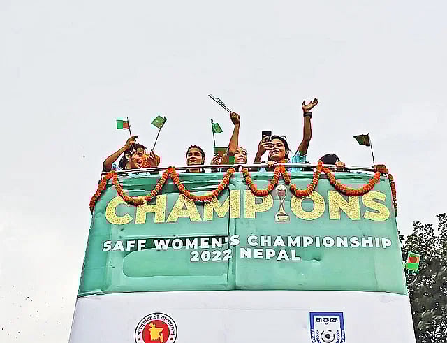 SAFF Champion Bangladesh team celebrate their triumph in an open top bus rally