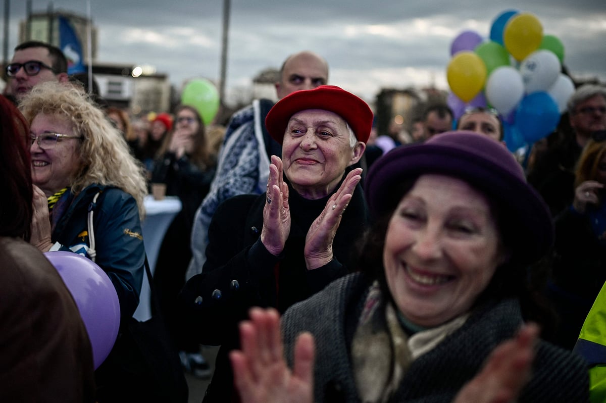 Supporters attend an election rally of the coalition "We Continue the Change and Democratic Bulgaria" party in Sofia on March 30, 2023, ahead of the parliamentary elections
