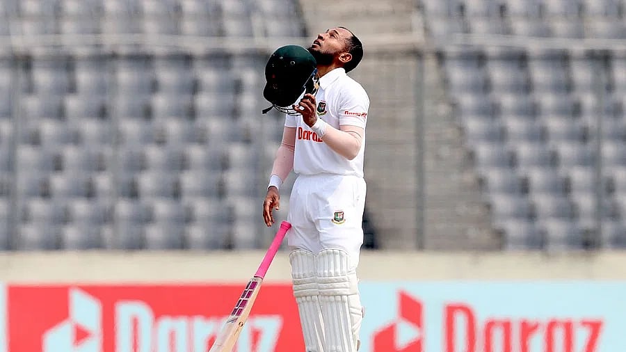 Mushfiqur Rahim celebrates after scoring a century in Day 2 of the lone Test against Ireland at the Sher-e-Bangla National Cricket Stadium in Dhaka on 5 April 2023