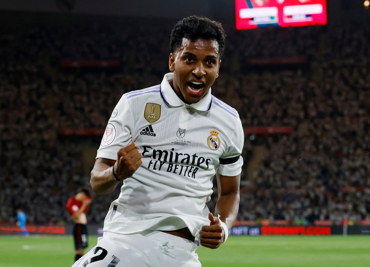 Real Madrid's Rodrygo celebrates scoring their second goal in the Copa del Rey final against Osasuna at the Estadio de La Cartuja in Seville, Spain on 6 May 2023