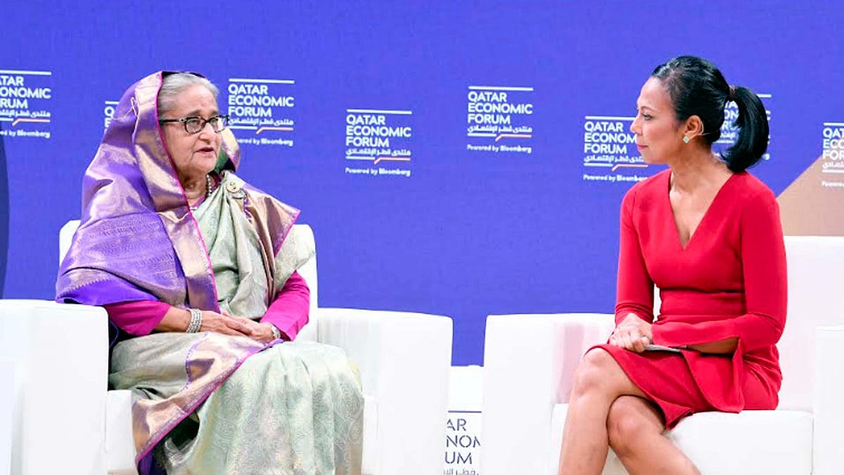 Prime minister Sheikh Hasina addresses an event at the Raffles Hotel in Doha on 24 May.