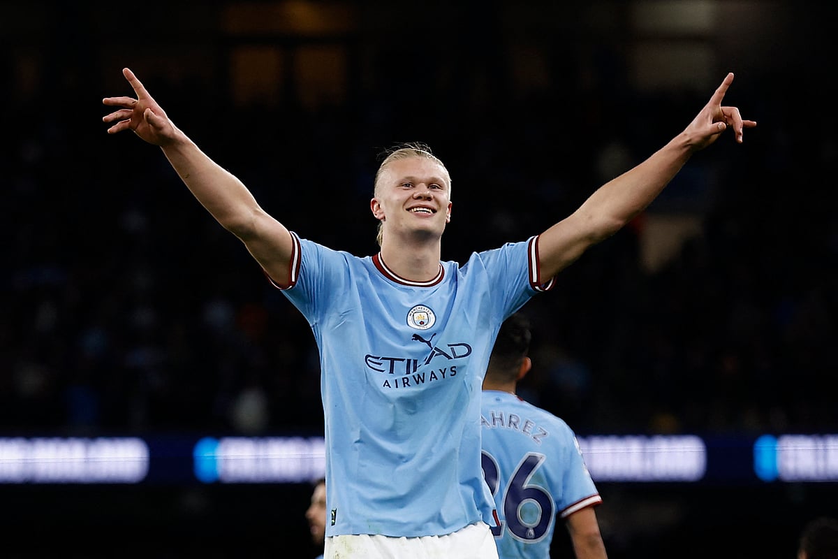 Caption: Manchester City's Erling Braut Haaland celebrates scoring their second goal during the Premier League match against Fulham United at the Etihad Stadium, Manchester, Britain on 3 May, 2023