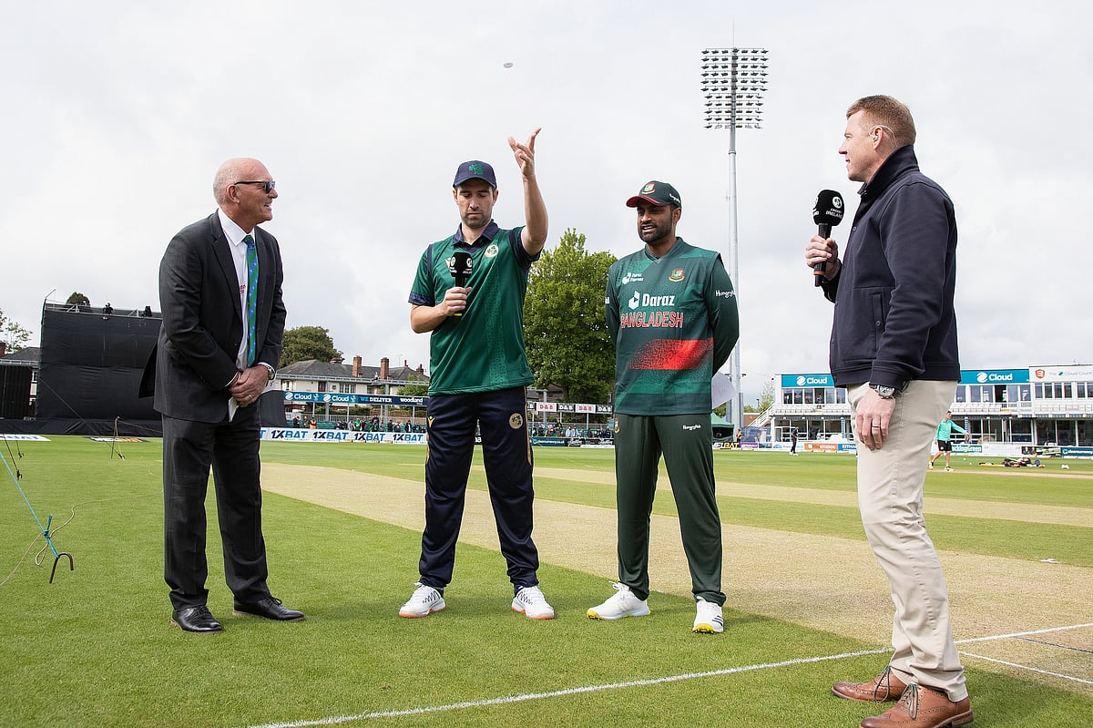 Bangladesh captain Tamim Iqbal and Ireland captain Andy Balbirnie during the toss for the second ODI at the Country Ground in Chelmsford, England on 12 May 2023