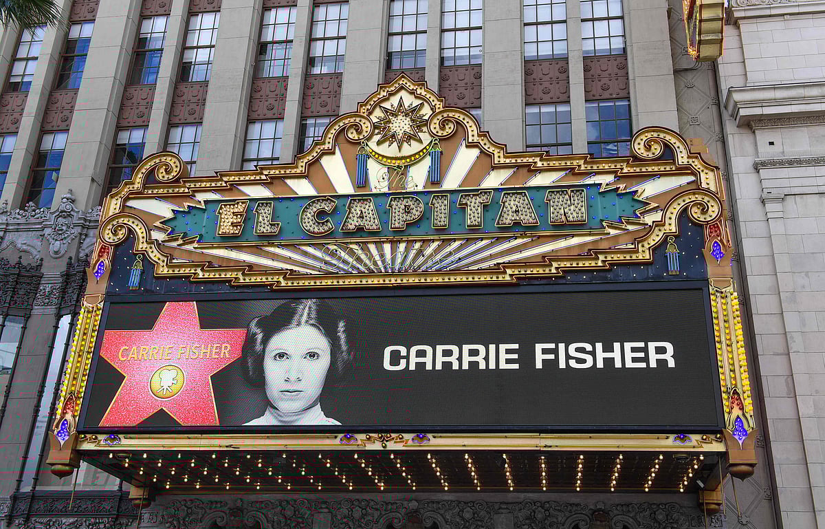 View of the Marquis of El Capitan Theater during the ceremony for Carrie Fisher being honored posthumously with a Star on the Hollywood Walk of Fame on 4 May, 2023 in Hollywood, California.