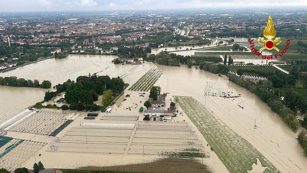 An aerial view shows a flooded area after heavy rains hit Italy's Emilia Romagna region, in Massa Lombarda, Italy, on 2 May, 2023.