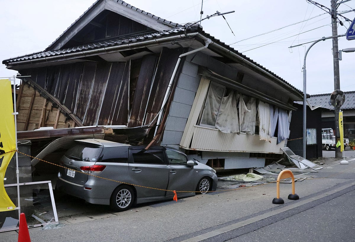 A collapsed house is seen in the aftermath of an earthquake in Suzu, Ishikawa prefecture, Japan May 5, 2023, in this photo taken by Kyodo.