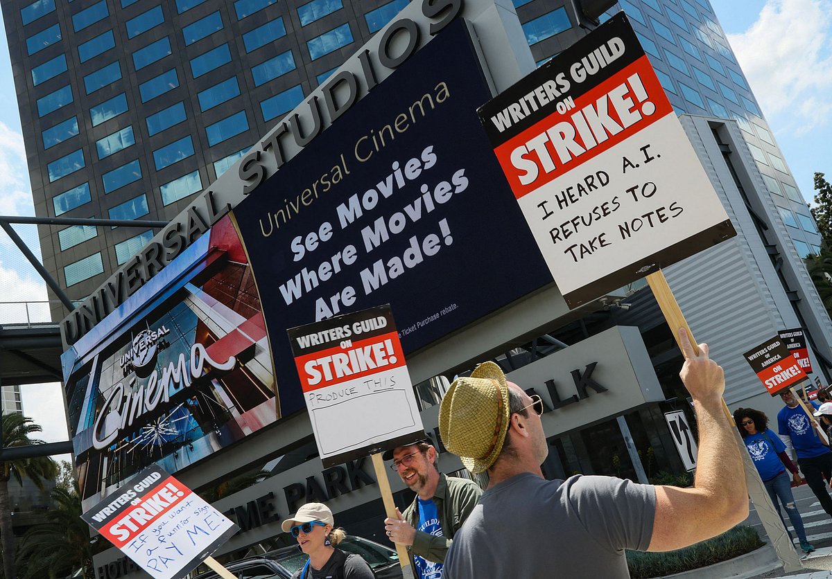 Members of the Writers Guild of America (WGA) and its supporters picket outside of Universal Studios on May 3, 2023 in Universal City, California