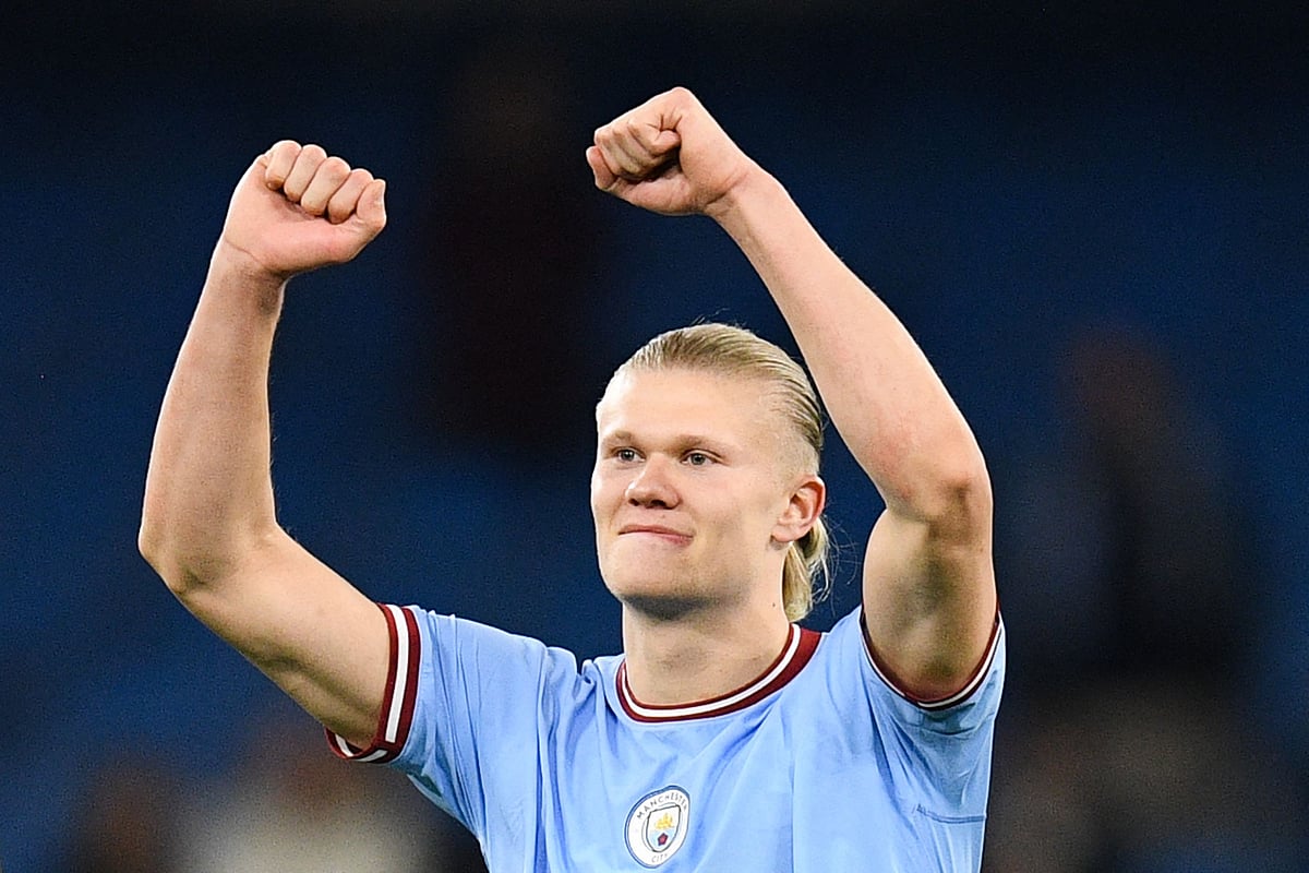 Manchester City's Norwegian striker Erling Haaland celebrates the title of "most goal in a single season" at the end of the English Premier League match between Manchester City and West Ham at the Etihad Stadium in Manchester, England on 3 May 2023