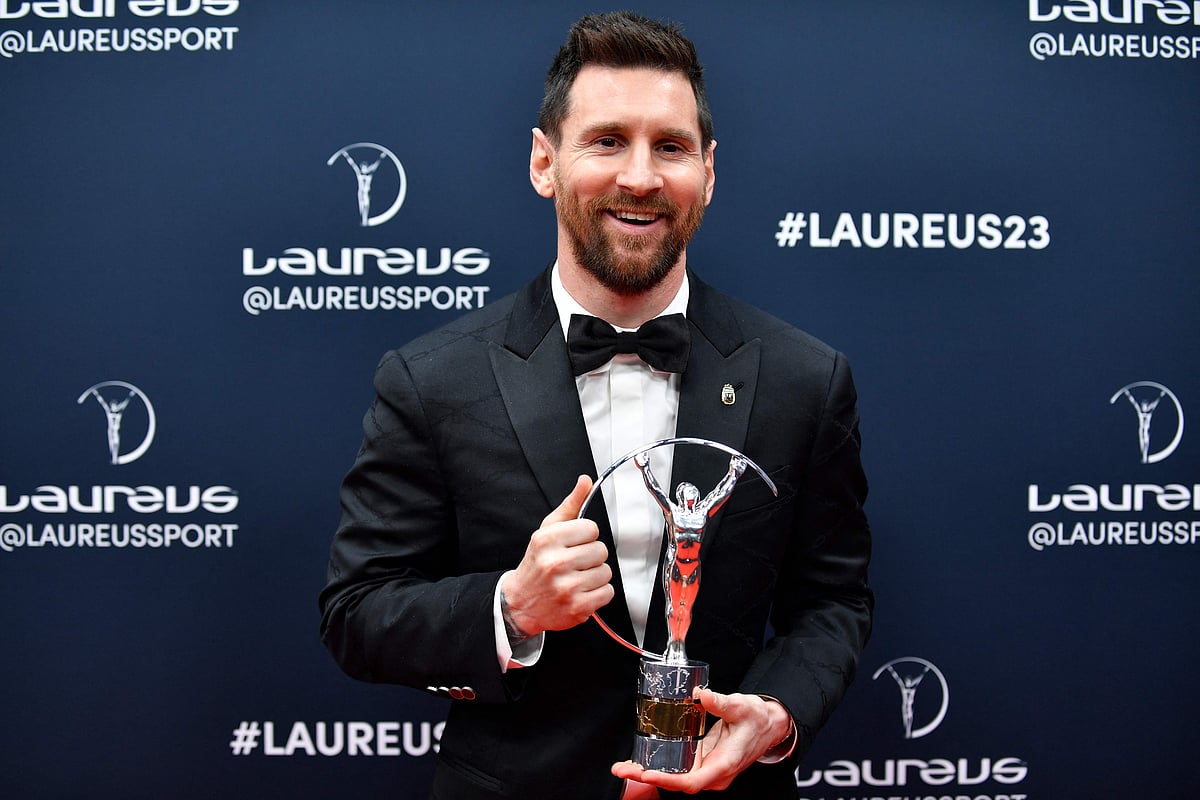 Argentinian footballer Lionel Messi poses with his Laureus World Sportsman of the Year award during the 2023 Laureus World Sports Awards ceremony in Paris on 8 May 2023