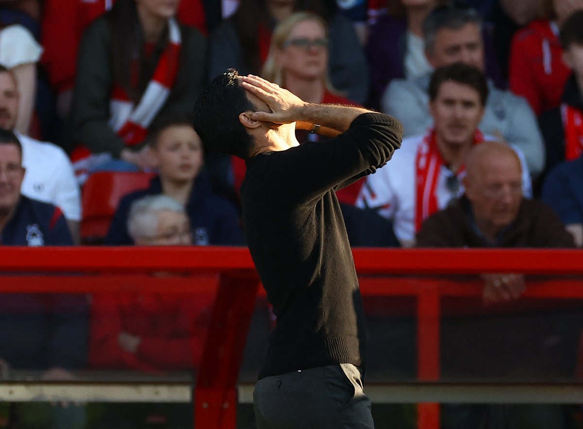 Arsenal manager Mikel Arteta reacts during their English Premier League match against Nottingham Forest at The City Ground in Nottingham, Britain on 20 May 2023