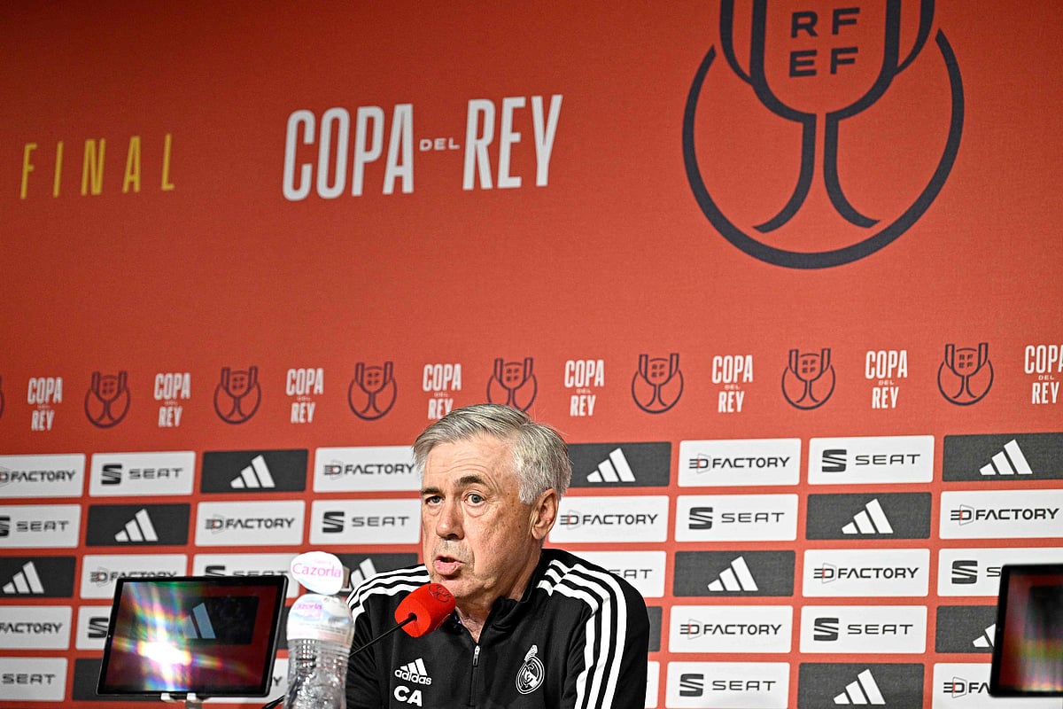 Real Madrid's Italian coach Carlo Ancelotti holds a press conference at la Cartuja stadium in Seville on 5 May 2023, on the eve of the Spanish Copa del Rey final between Real Madrid CF and CA Osasuna