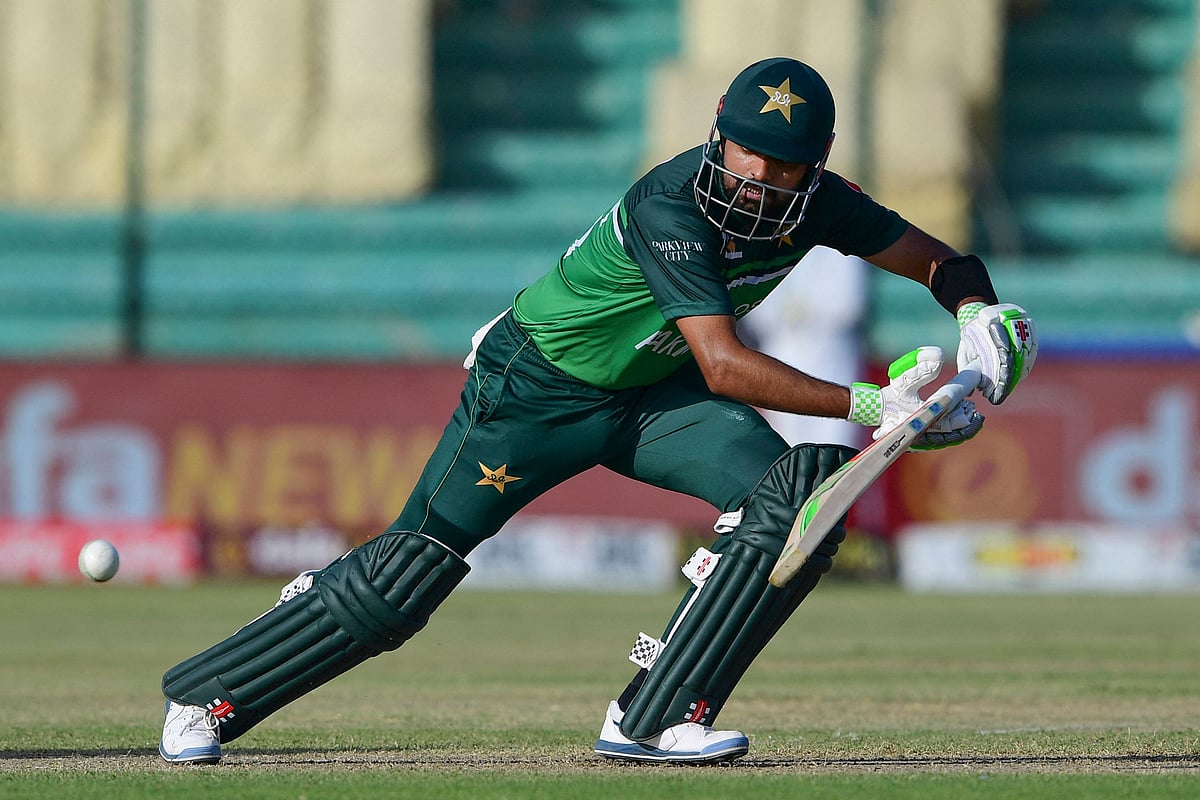 Pakistan's Babar Azam plays a shot during the fourth one-day international (ODI) cricket match between Pakistan and New Zealand at the National Cricket Stadium in Karachi on May 5, 2023