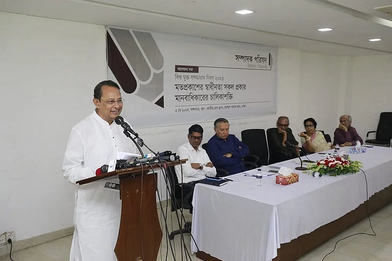 Hasanul Haq Inu speaks at a discussion held on the occasion of World Press Freedom Day at the National Press Club on Tuesday.