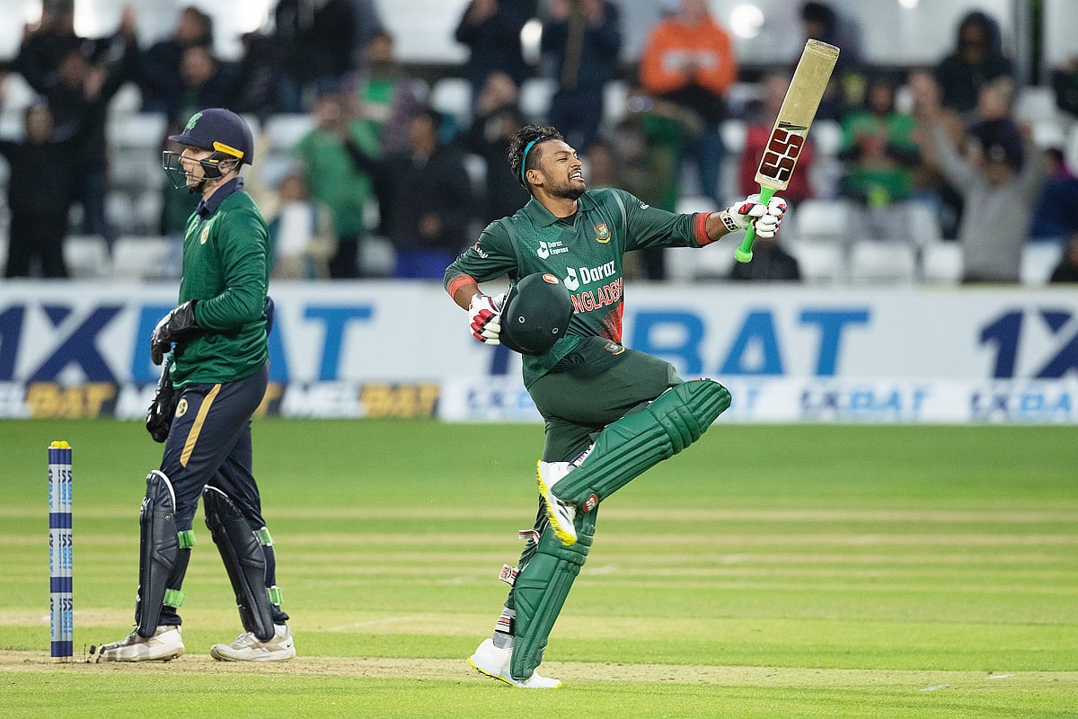 Najmul Hossain Shanto celebrates after completing his maiden ODI ton in the second ODI between Bangladesh and Ireland at the County Ground in Chelmsford, England on 13 May 2023