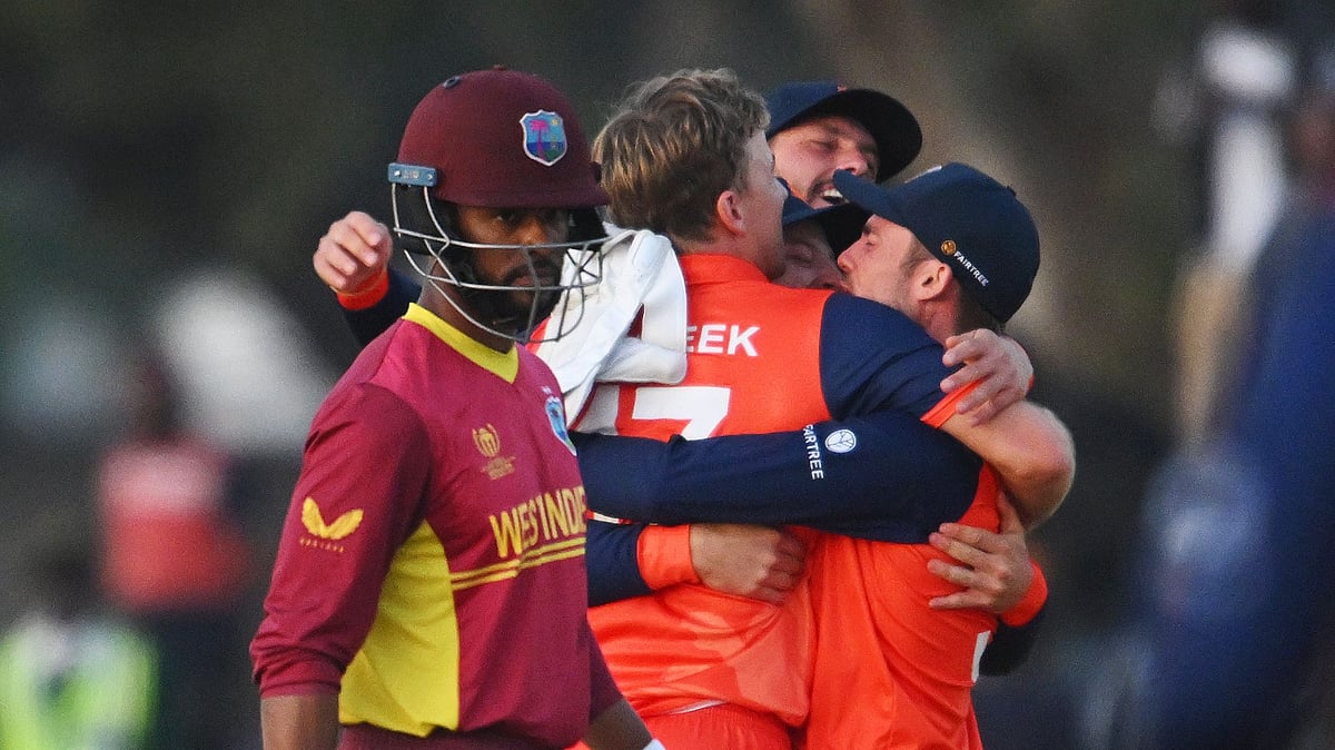 Netherlands players celebrate after a win over West Indies in the Super Over at the ICC World Cup Qualifier in Harare, Zimbabwe on 26 June 2023