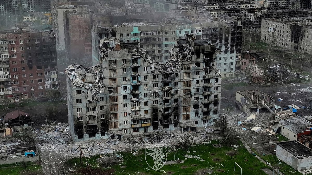 An aerial view shows destructions in the frontline town of Bakhmut, amid Russia's attack on Ukraine, in Donetsk region, Ukraine, in this handout picture released on 21 May, 2023.