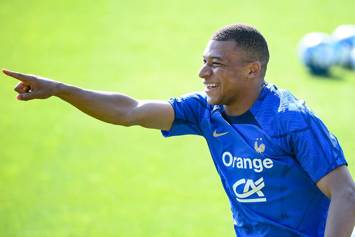 France's forward Kylian Mbappe reacts during a training session in Clairefontaine-en-Yvelines on 13 June 2023