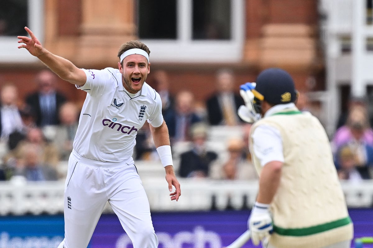 England's Stuart Broad celebrates after taking the wicket of Ireland's Paul Stirling during day 1 of the Test match between England and Ireland at the Lord's cricket ground in London, on 1 June 2023