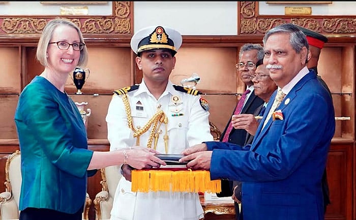 New British High Commissioner-Designate to Bangladesh Sarah Cooke presents her credentials to President Mohammed Shahabuddin at his official residence, Bangabhaban, Dhaka on 8 June, 2023