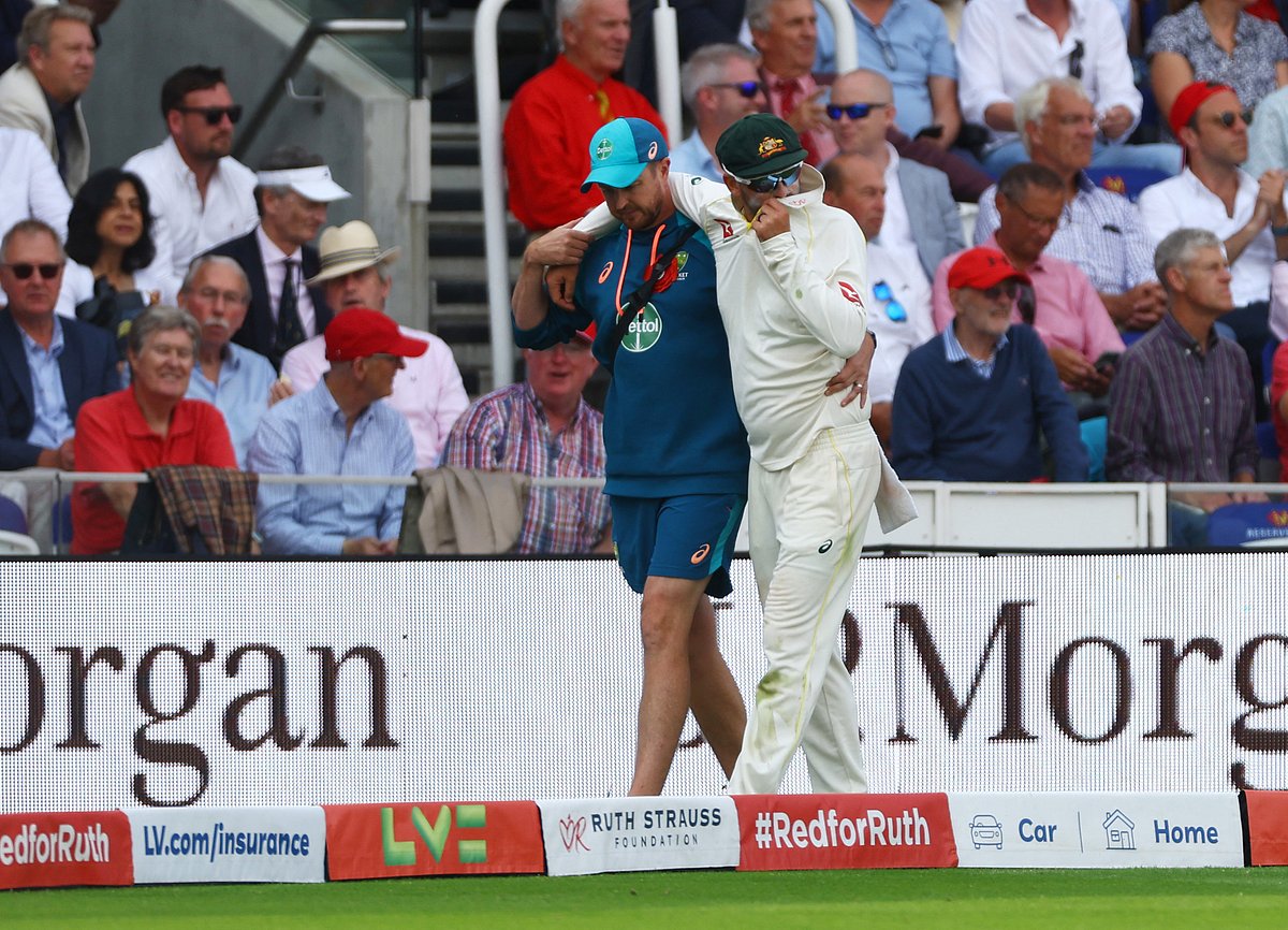 Australia’s Nathan Lyon is helped around the field after sustaining an injury in the Second Ashes Test against England at Lords, London, Britain on 29 June, 2023