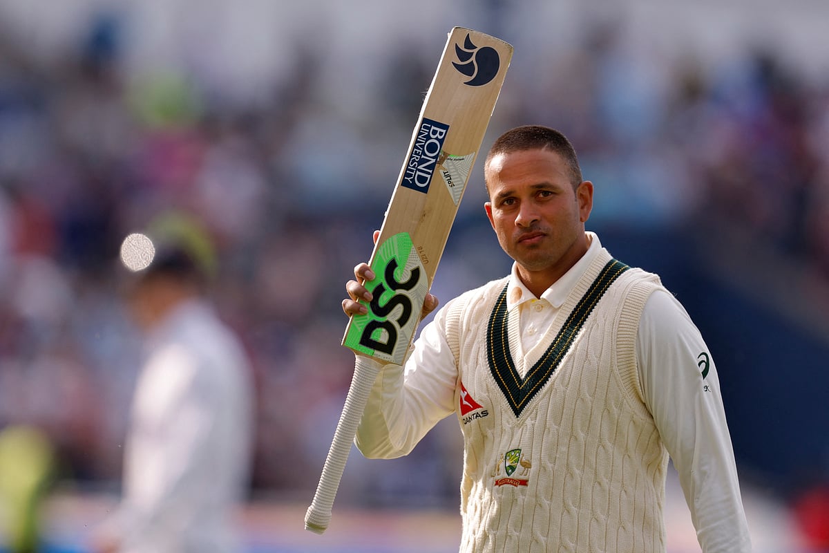 Australia’s Usman Khawaja acknowledges the crowd as he walks off the field at stumps after scoring 126 runs not out in the First Ashes Test against England at Edgbaston Cricket Ground, Birmingham, Britain on 17 June, 2023
