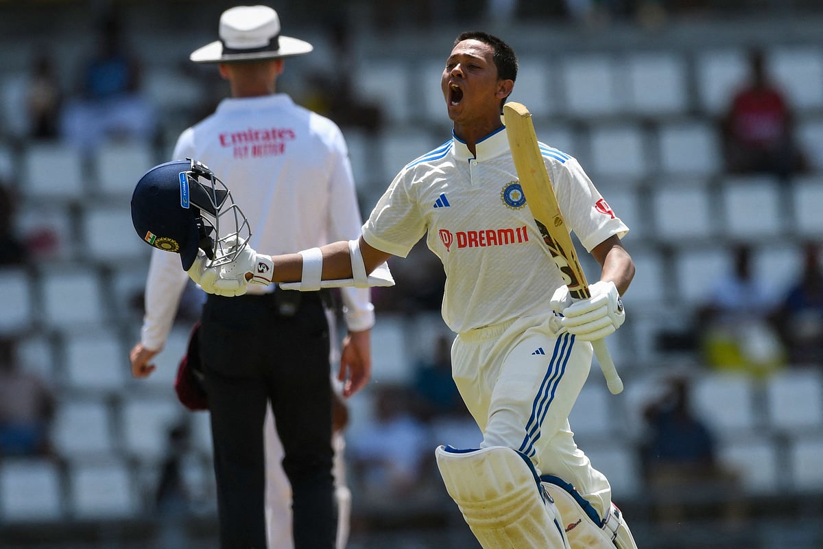 Yashasvi Jaiswal of India celebrates his century during day two of the First Test between West Indies and India at Windsor Park in Roseau, Dominica on 13 July 2023