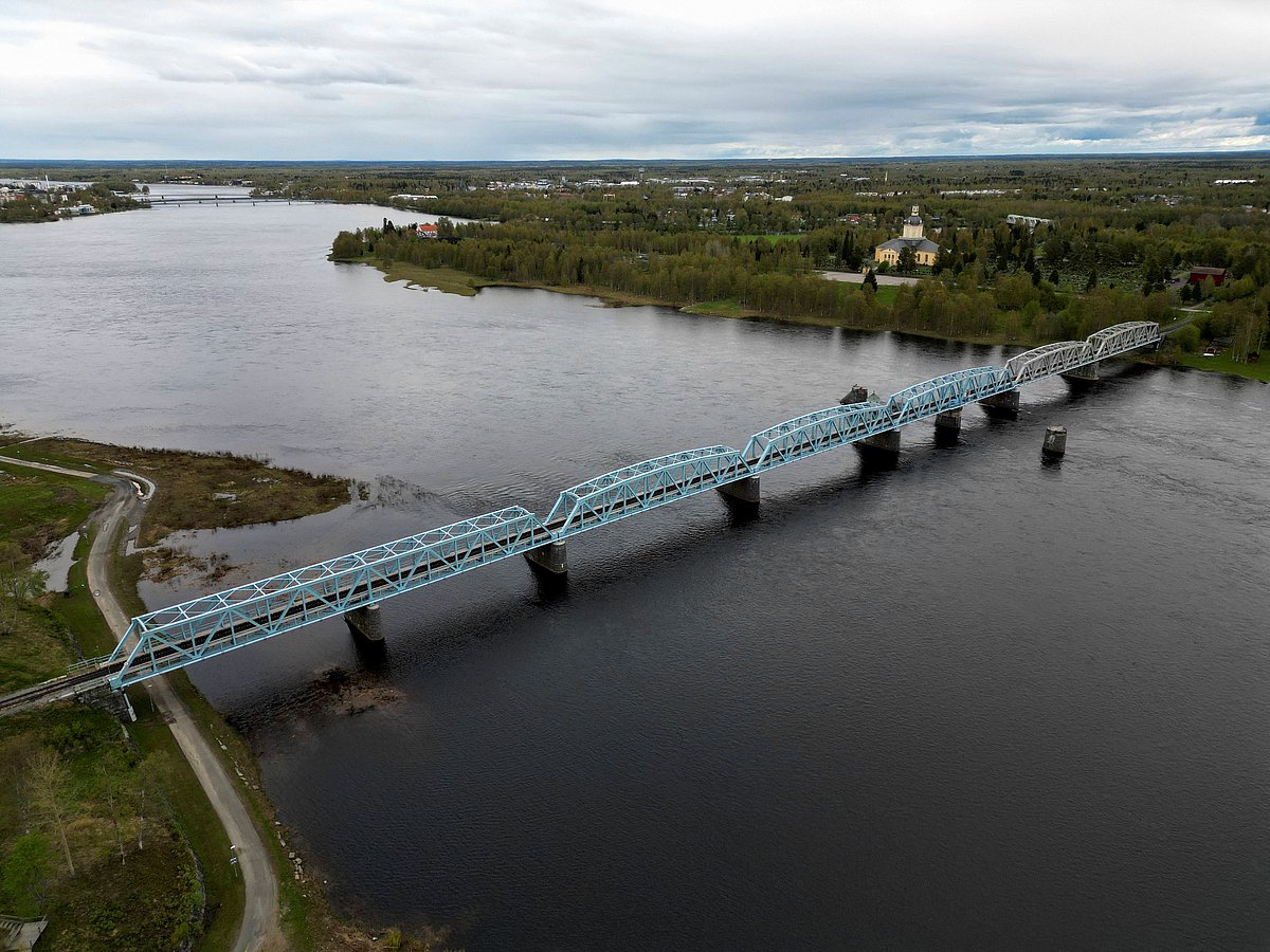 Aerial view of Torne River Railway Bridge connecting Sweden and Finland in Haparanda, Sweden May 31, 2023