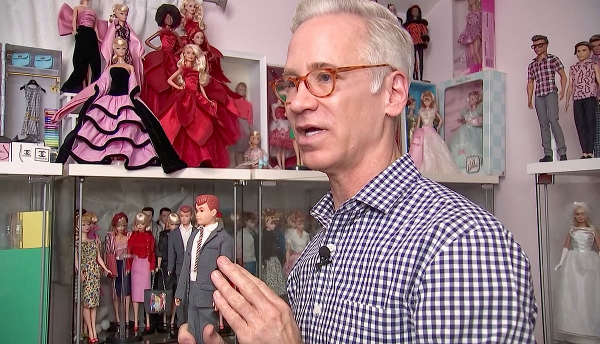 A screen grab shows Matthew Keith speaking in front of his collection of Barbies during an interview with Reuters in Los Angeles, California, U.S., July 21, 2023