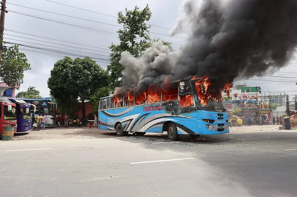 A bus was torched in the capital's Matuwail area during the BNP programme on 29 July, 2023.